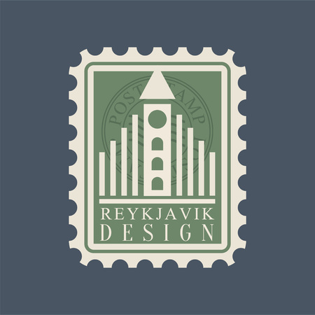 Postmark with famous landmark of Reykjavik - Hallgrimskirkja. Creative symbol of largest church in Iceland. Historical architecture. Travel concept. Flat vector design isolated on blue background.のイラスト素材