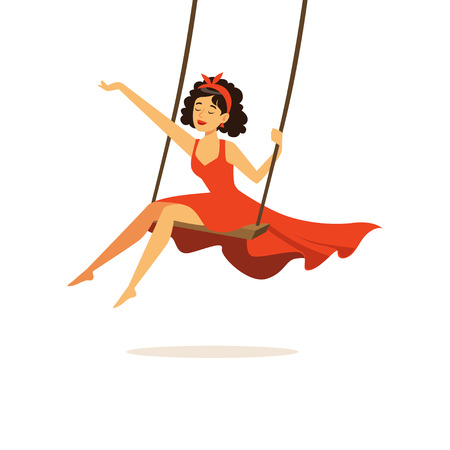 Beautiful young woman in red dress swinging, girl dressed in retro style vector Illustration on a white backgroundのイラスト素材
