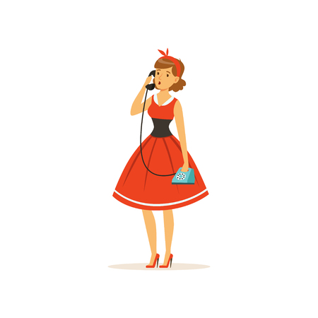 Beautiful young woman talking on vintage phone, girl dressed in retro style vector Illustration on a white backgroundのイラスト素材