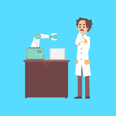 Male scientist cartoon character working with robotic arm conducting experiments vector illustration on a light blue backgroundのイラスト素材
