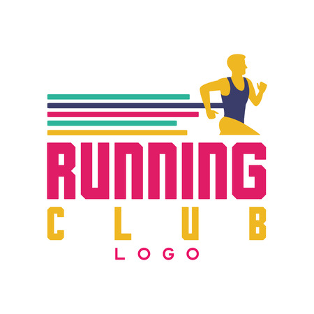 Running club logo, emblem with abstract running man, label for sports club, sport tournament, competition, marathon and healthy lifestyle vector illustration on a white backgroundのイラスト素材