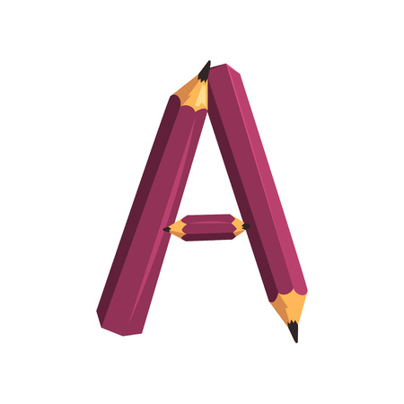 Colorful alphabet letter A created with three purple pencils. Design for children education book, classroom poster or sticker. Cartoon character in flat style. Vector illustration isolated on white.