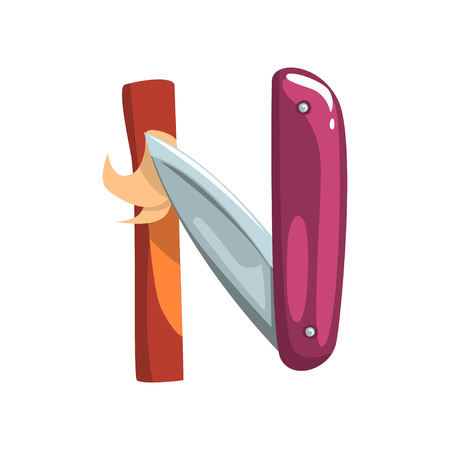Alphabet letter N made of wooden stick and folding pocket knife. Cartoon character in flat style. ABC concept. Design element for poster, flyer or card. Colored vector illustration isolated on whiteのイラスト素材