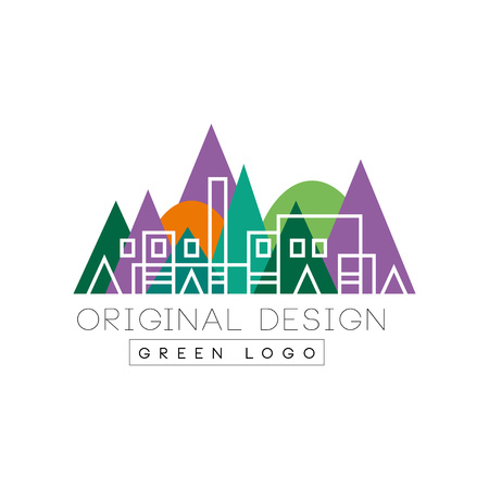 Abstract urban landscape with linear city building against colorful park background. Creative icon for real estate agency. Flat vector for business card or promo banner.のイラスト素材