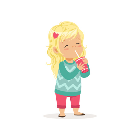 Colorful illustration of cute blond girl with cup of sweet refreshing drink. Cartoon little child character in pink pants and turquoise sweater with pattern. Flat vector illustration isolated on whiteのイラスト素材