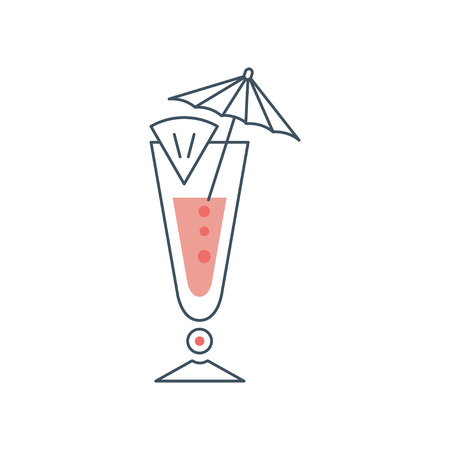 Tropical fresh cocktail in long glass with slice of lime and umbrella. Concept of alcoholic beverage in linear style with pink fill.のイラスト素材