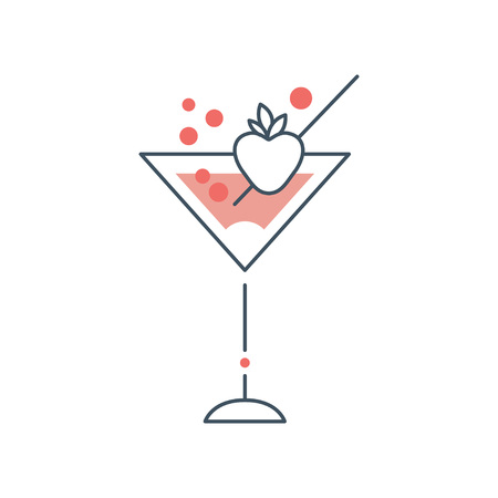 Delicious martini cocktail in glass with strawberry. Concept of alcoholic beverage. Icon in linear style with pink fill. Flat vector illustration isolated on white. Design for menu, logo or sticker.