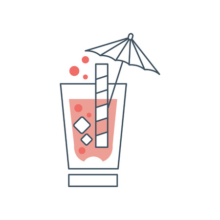 Summer cocktail with cubes of ice, bubbles, straw and decorative umbrella. Simple drinking glass sign in thin line style with pink fill. Graphic design for logo. Vector illustration isolated on white.のイラスト素材