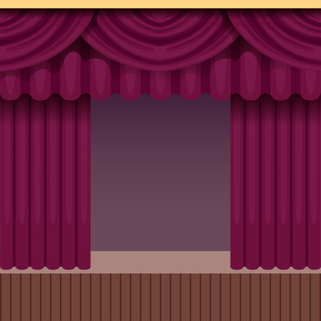 Vintage theater scene background with purple curtain. Wooden stage with velvet drapery and pelmets. Colorful interior frame. Vector illustration.のイラスト素材