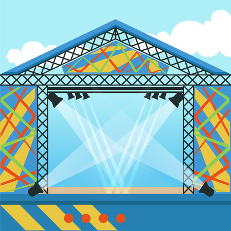 Stage for open air festival, music event or rock concert. Scene equipped with lights. Background for fest or event invitation. Cartoon flat vector illustrationのイラスト素材
