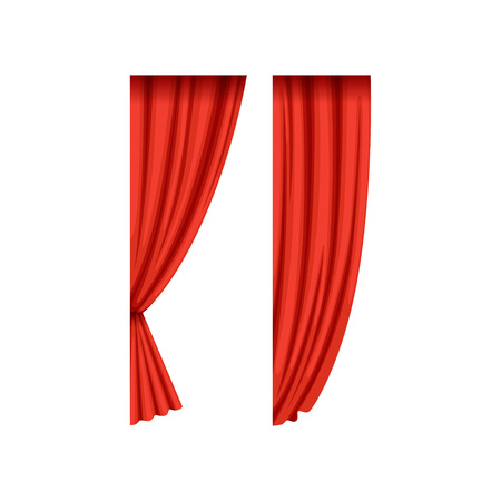 Two red silk or velvet theatrical curtains for left side of the stage. Scarlet drapery with light and shadows. Concert hall design element. Flat vector.のイラスト素材