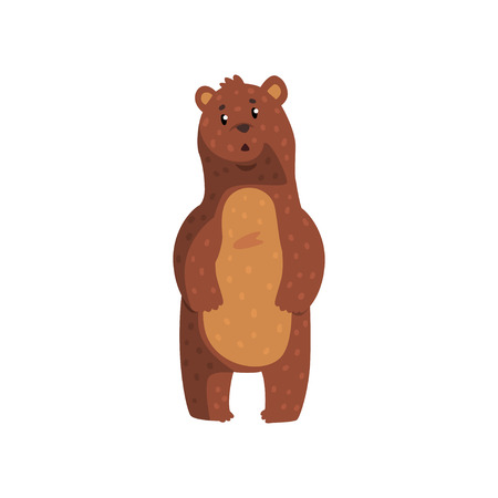 Cute bear with surprised muzzle expression. Cartoon character of wild animal with brown fur, small rounded ears and shiny eyes. Isolated flat vector design for book cover, print, sticker or poster.のイラスト素材