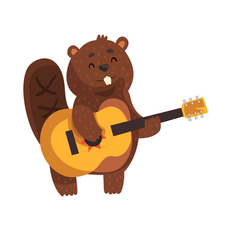 Cheerful little beaver playing on guitar. Cartoon wild animal character with cute muzzle, little ears, shaped tail and big teeth. Forest rodent. Flat vector illustration isolated on white background.のイラスト素材
