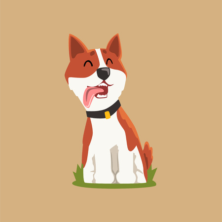 Colorful illustration of welsh corgi on green lawn. Adorable puppy sitting with tongue hanging out.のイラスト素材