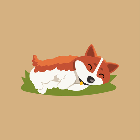 Cartoon red haired dog character relaxing on green lawn.のイラスト素材