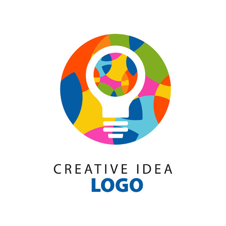 White electric light bulb sign on geometric patterned circle illustration for creative idea logo template. Minimalistic label design. Flat vector isolated on whiteのイラスト素材