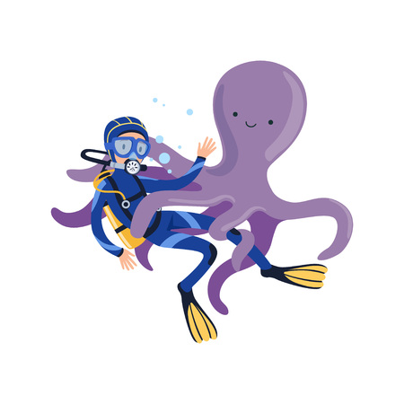 Giant purple octopus attacked diver with his tentacles. Marine life. Cartoon man in blue wetsuit, mask, flippers and equipment for breathing on back. Flat vector designのイラスト素材