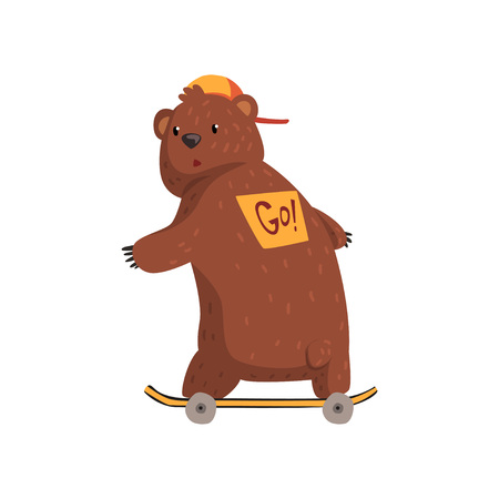 Cartoon bear riding ob skateboard, sticker on his back with sign Go . Wild animal in orange cap. Grizzly with brown fur, rounded ears and paws with claws.のイラスト素材