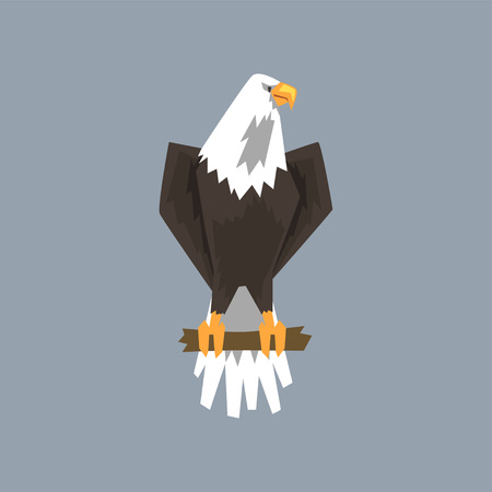 North American Bald Eagle character sitting on a branch of tree, symbol of freedom and independence vector illustration, cartoon styleのイラスト素材