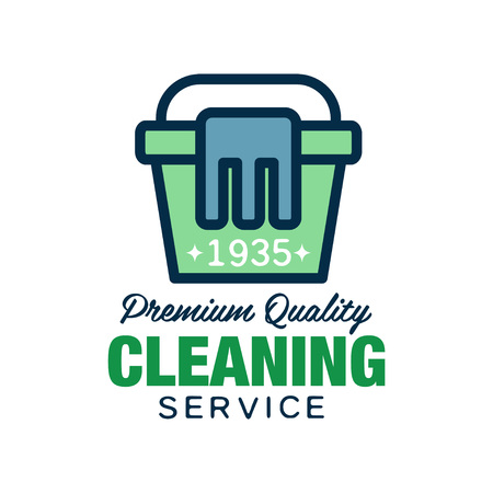 Home and apartment cleaning service logo in linear style. Green bucket with blue rag icon. Flat vector design for flyer, poster, company or agency insigniaのイラスト素材