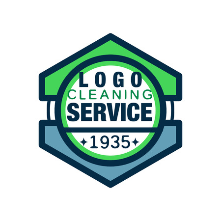 Geometric logo for home and office cleaning agency. Premium quality services. Icon in line style with green and blue fill. Isolated flat vector illustration. Design for business card, poster or flyer.のイラスト素材