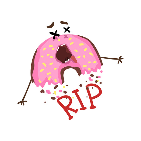 Cartoon half-eaten donut with pink glaze and sprinkles. Dead doughnut with cross eyes and stuck-out tongue. RIP. Funny flat vector design for t-shirt print or stickerのイラスト素材