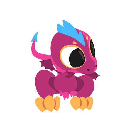 Cartoon baby dragon with big eyes, little wings and long tail. Fantastic creature character of children's fairy tale. Isolated flat vector design. Colorful element for mobile game, sticker or book.のイラスト素材