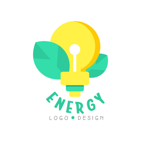 Illustration of electric light bulb and leaves for green energy icon design template. Environmentally friendly business. Flat vector isolated on whiteのイラスト素材