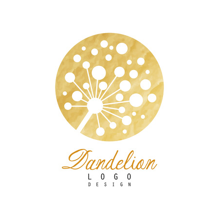 Abstract dandelion logo on rounded golden texture. Symbol of wild flower. Natural label. Medical herb.のイラスト素材