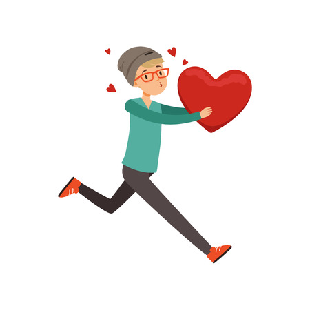 Happy teen boy running with red heart, Happy Valentines Day concept, love and relationships vector Illustration on a white backgroundのイラスト素材