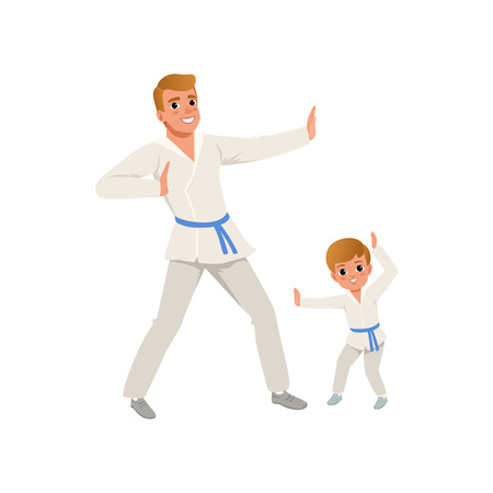 Smiling father and son training karate blows. Dad and child wearing kimonos and blue belts. Martial art. Fatherhood concept. Cartoon flat vector designのイラスト素材