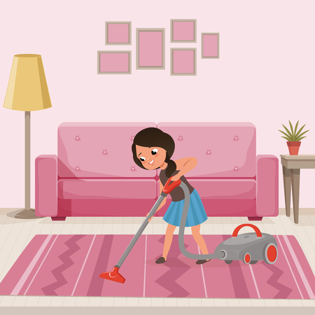 Cheerful teen girl cleaning carpet with vacuum cleaner at living room. Child helping with housework. Sofa, lamp, flower on table and pictures on wall. Flat vector designのイラスト素材
