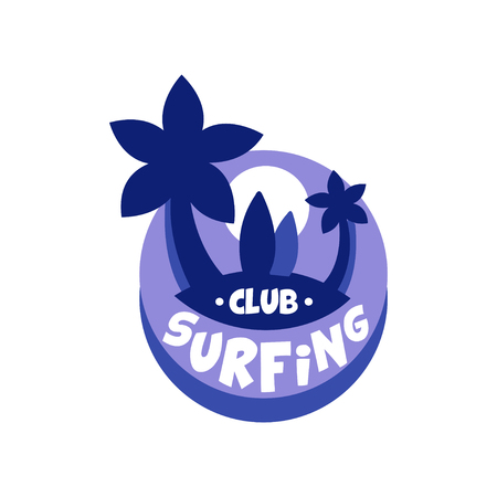 Surfing club symbol, surf retro badge with palms in blue color vector Illustrationのイラスト素材