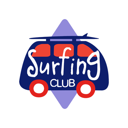 Surfing club symbol, retro badge for surf school, beach rest, summer water sports vector Illustrationのイラスト素材