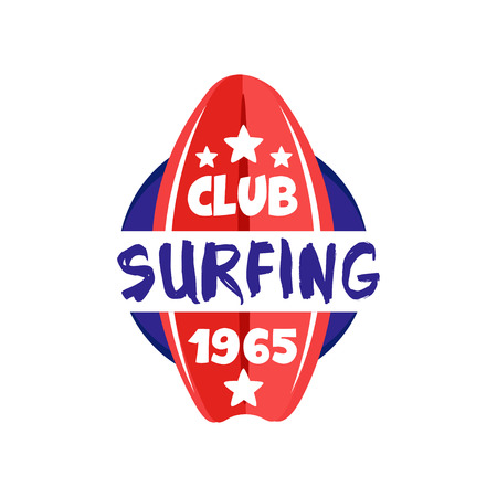 Surfing club logo estd 1965, retro badge for surf school, beach rest, summer water sports vector Illustration isolated on a white background.のイラスト素材