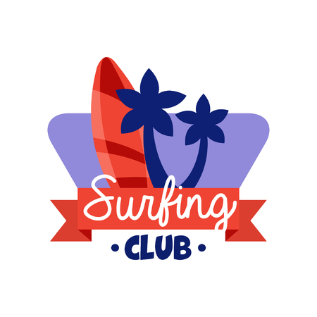 Surfing club symbol, retro badge for surf school, beach rest, summer water sports vector Illustrationのイラスト素材
