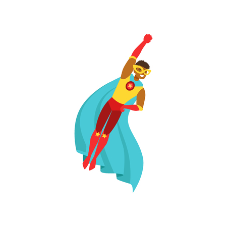 Afro american man character dressed as a super hero flying in the traditional heroic pose cartoon vector Illustrationのイラスト素材