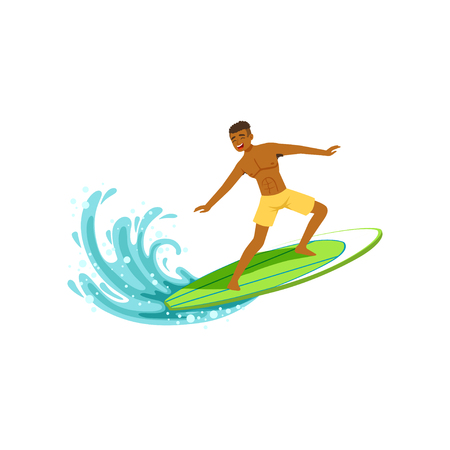 A Smiling african-american man standing in a  surfboard in the ocean wave. Water extreme sport, summer vacation vector Illustration on a white backgroundのイラスト素材
