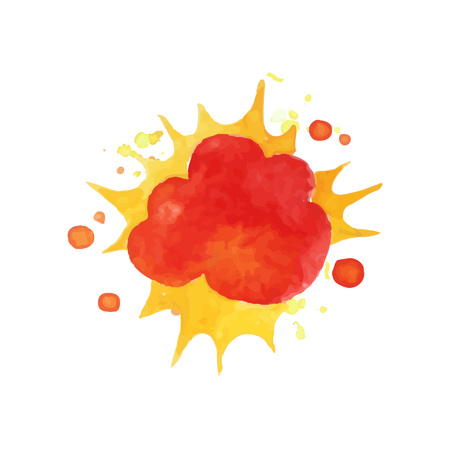 Colorful boom effect in red and yellow color. Bright fire explosive cloud. Watercolor painting. Hand drawn vector illustration isolated on white background. Design for sketchbook cover, poster, banner.のイラスト素材