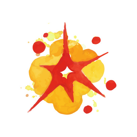 Bomb explosion effect. Bright blowing up. Watercolor boom in red and orange colors. Hand drawn vector design element for book cover, poster or bannerのイラスト素材