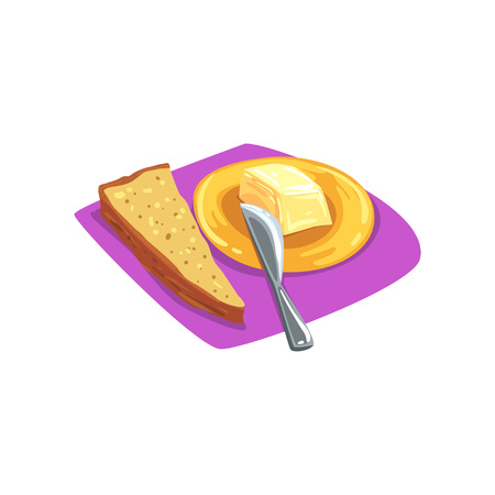 Slice of brown bread with grains on purple table-napkin and butter on yellow plate. Tasty breakfast. Food concept. Good morning. Cartoon flat vector designのイラスト素材