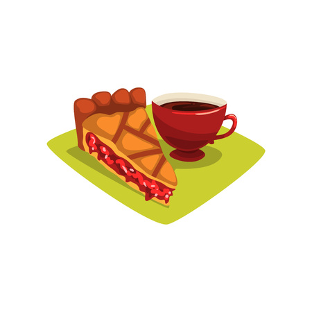 Delicious piece of homemade blueberry pie and cup of coffee on green table-napkin. Tasty breakfast concept. Sweet baked food. Cartoon flat vector designのイラスト素材