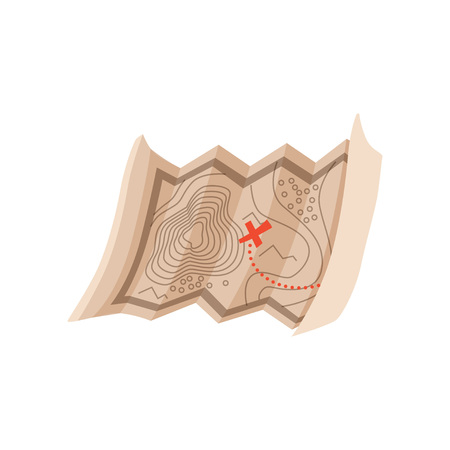 Old map with red cross leading to ancient burial and antique artifacts. Archeology vector symbol. Cartoon flat design for web site or mobile appのイラスト素材