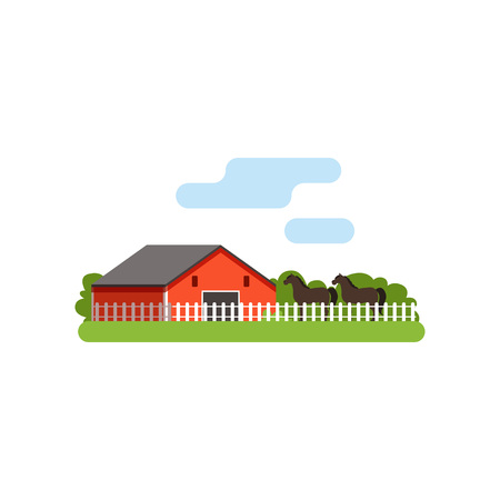 Red barn, horse in the corral on farm, rural landscape vector Illustrationのイラスト素材
