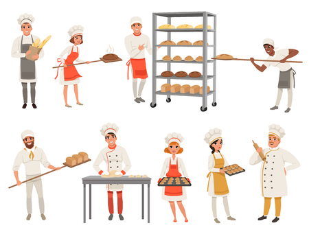 Bakers characters set with bread and cooking tools. Happy people in aprons and hats, young men and women in uniform working in bakery. Vector isolated on white.のイラスト素材