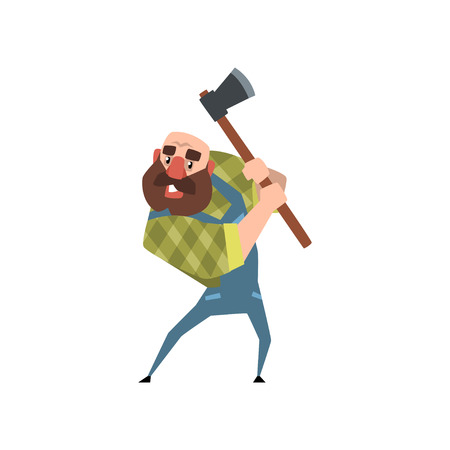 Strong bearded woodcutter working with axe. Funny bald lumberjack. Cartoon man character in green checkered shirt and blue coveralls. Colorful flat vector illustration isolated on white background.のイラスト素材