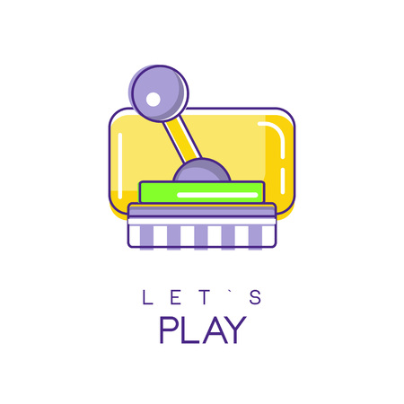 Colorful joystick for computer video game. Icon in line style with purple, green and yellow fill. Creative vector design for gadget store or mobile appのイラスト素材