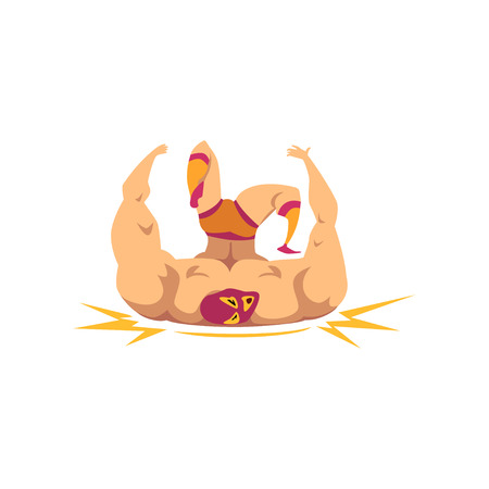 Wrestler lies on the ground after blow. Professional muscularity fighter, mixed martial artist. Strong man in red-orange mask, shorts and socks, combat sport flat vector design isolated on white background.のイラスト素材