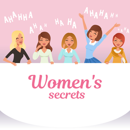 Young pretty girls loudly laughing. Women's secrets concept. Cartoon female characters with smiling facial expressions. Emotional people. Hahaha text. Pink background. Colorful flat vector design.のイラスト素材