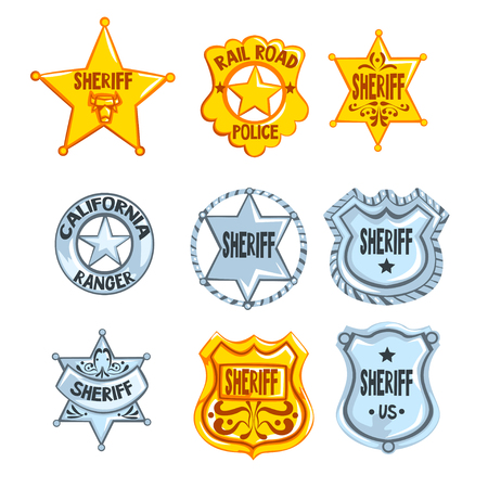Collection of different sheriff, railroad police and rangers badges. Cop s golden and silver tokens. Cartoon emblems in flat style. Policeman symbol. Vector illustration isolated on white background.のイラスト素材